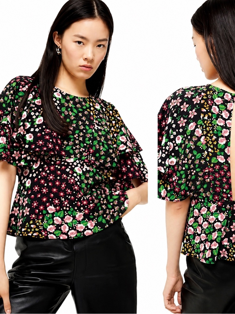 Topshop Black Floral Puff-Sleeve Blouse – Size US 2